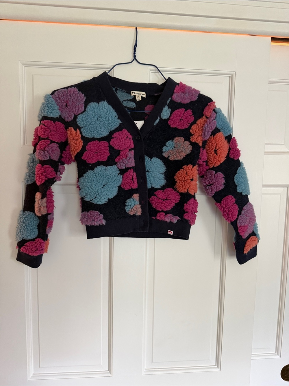 Appaman Black Cardigan with Pink, Blue, Purple & Orange Sherpa Puffs